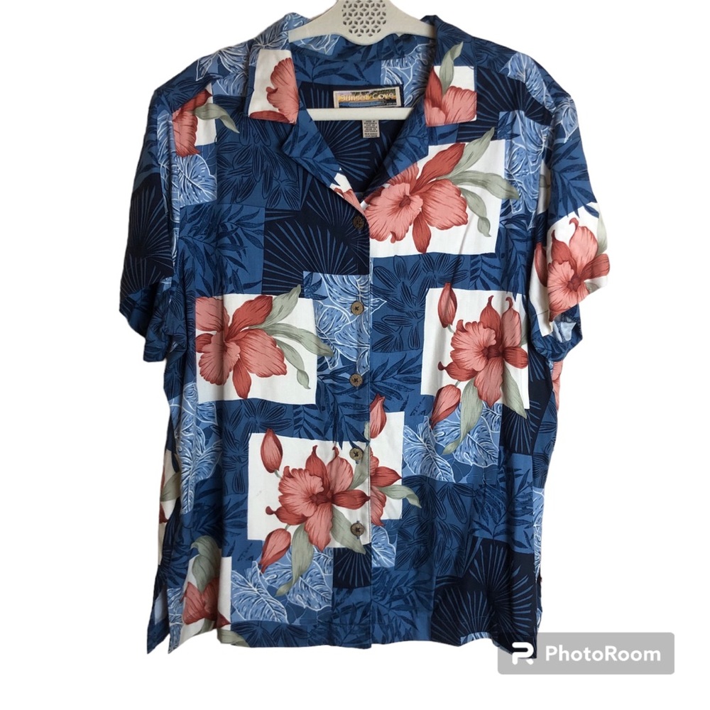 Sunset Cove Button Down Short Sleeve Shirt Mens 1X Floral Print Vacation Top